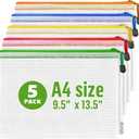 5 Pack Mesh Zipper Pouch Bags A4-13.5x9.5 in Plastic Zipper Pouches for Organizing - Document Bags with Zippers - Letter Size Zippered Pouches - Waterproof Document Pouch with Zippers