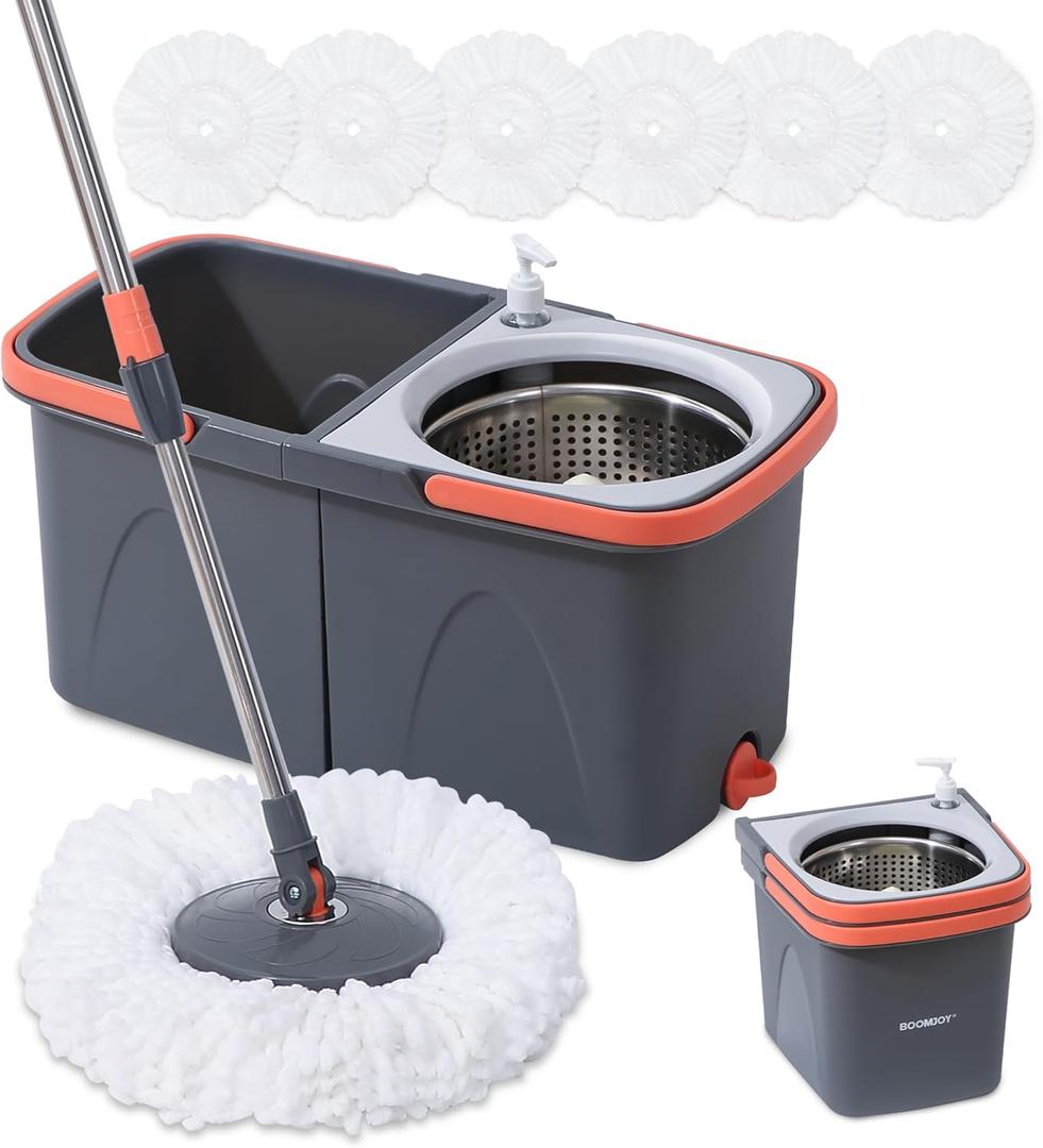 BOOMJOY Spin Mop and Bucket, Mop and Bucket with Wringer Set for Home, Easy Wring for Floor Cleaning with 6 Microfiber Replacement Refills