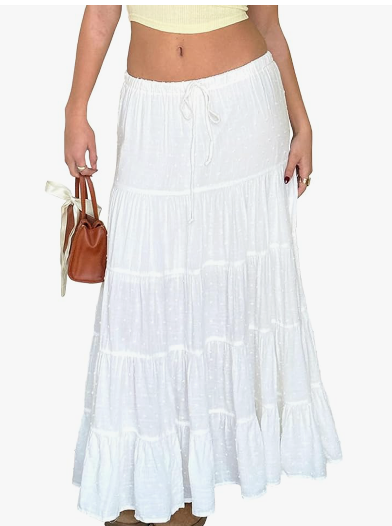 Tsher Women's Casual High Elastic Waist Ruffle Boho Pleated A-line Long Maxi Skirts 0333 M