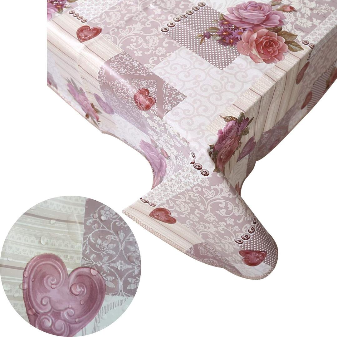 Heavy Duty Flannel Backed Vinyl Tablecloth with Flannel Backing Easy to Wipe-Clean Oilcloth Waterproof Plastic Round Square Rectangle 55x55-55x71 inch Table Cover (Rose Cloured Hearts)