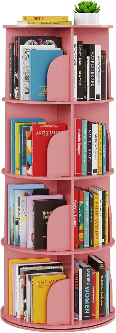 SpaceAid 4 Tier Rotating Bookshelf Tower, Spinning Bookcase Lazy Susan, Revolving 360 Book Shelf Storage Round Carousel, Vertical Rotate Turning Spiral Corner Organizer, Pink, 4 Tier, 50" H
