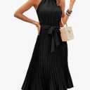 Women's 2025 Summer Sleeveless Halter Neck Pleated Midi Cocktail Dresses A Line Flowy Beach Sun Dress Medium Black