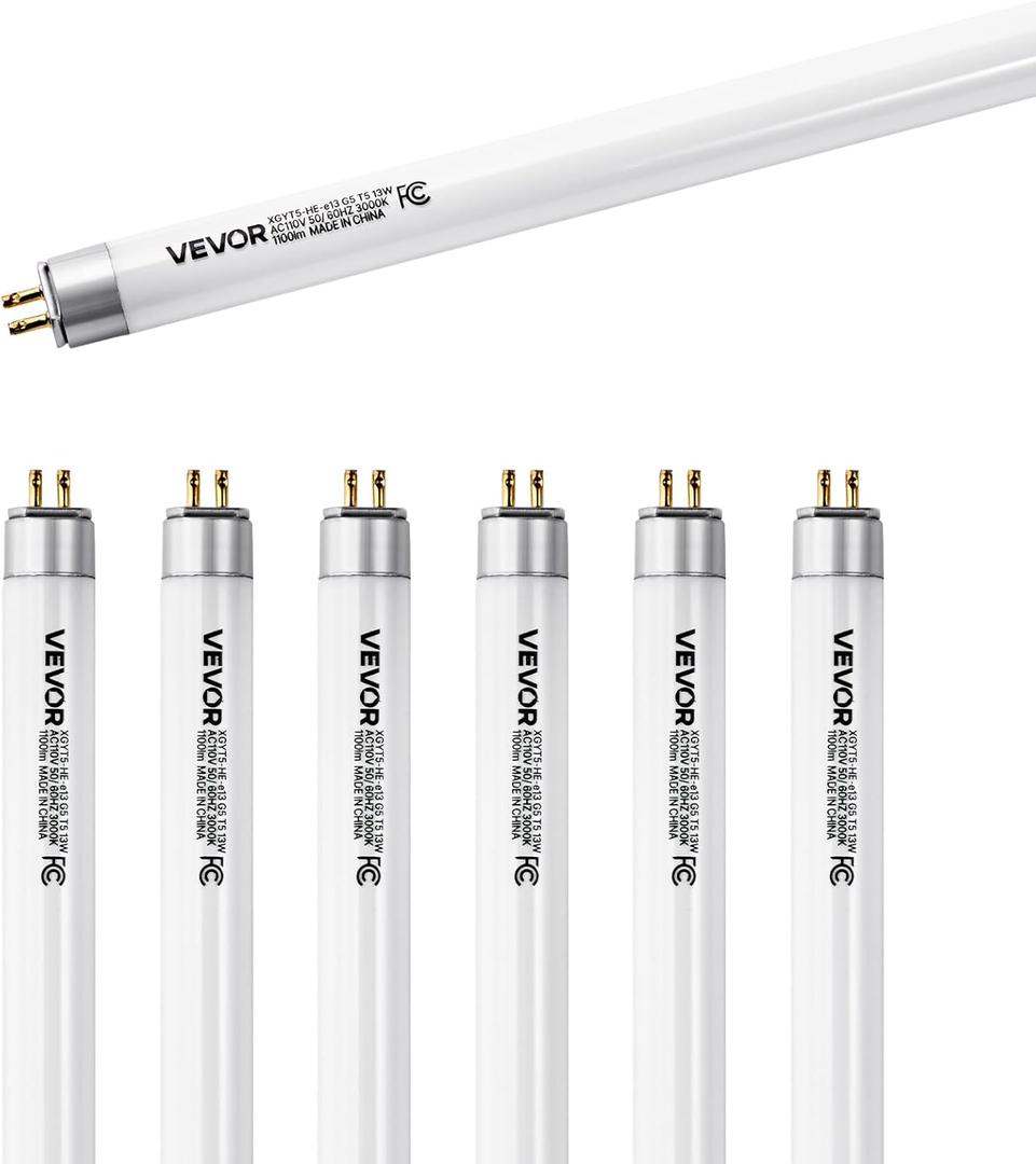 VEVOR 6 Pack T5 Light Bulbs, 21-Inch Linear, Tube Lamp with 3000K Warm White, 13 Watts, G5 Bi-Pin Base, 1100 Lumens, Replacement Bulb, for Under Cabinet Counter Fixture, Closet