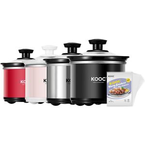 KOOC Small Slow Cooker, 0.65 Quart, Free Liners Included, Upgraded Ceramic Pot, Nutrient Loss Reduction, Sauces, Stews & Dips, Stainless Steel, Black, Round