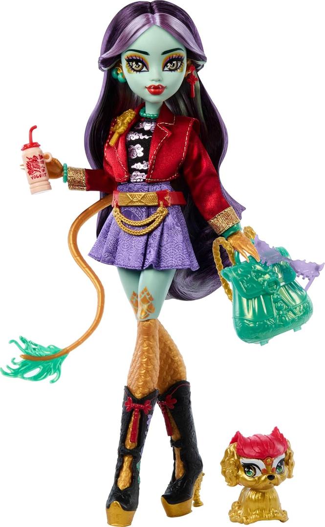 Monster High Jinafire Long Doll, Dragon with Pet Dog Cloudy Yun Yun and 7 Accessories Like Sketch Pad, Yogurt Drink, Backpack and More