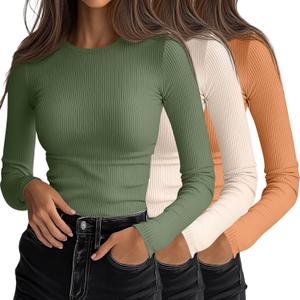 Ficerd 3 Pack Women's Ribbed Long Sleeve Tops, Crew Neck Slim Fit Undershirts Knit Basic Casual Stretch Layering Tee Shirts (X-Large, Light Beige, Matcha Green, Orange)