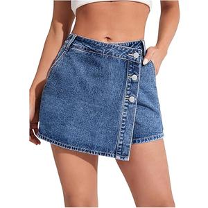 WDIRARA Women's High Waisted Button Front Denim Skort Asymmetrical Hem Skirt Shorts (Medium, Wash Blue)