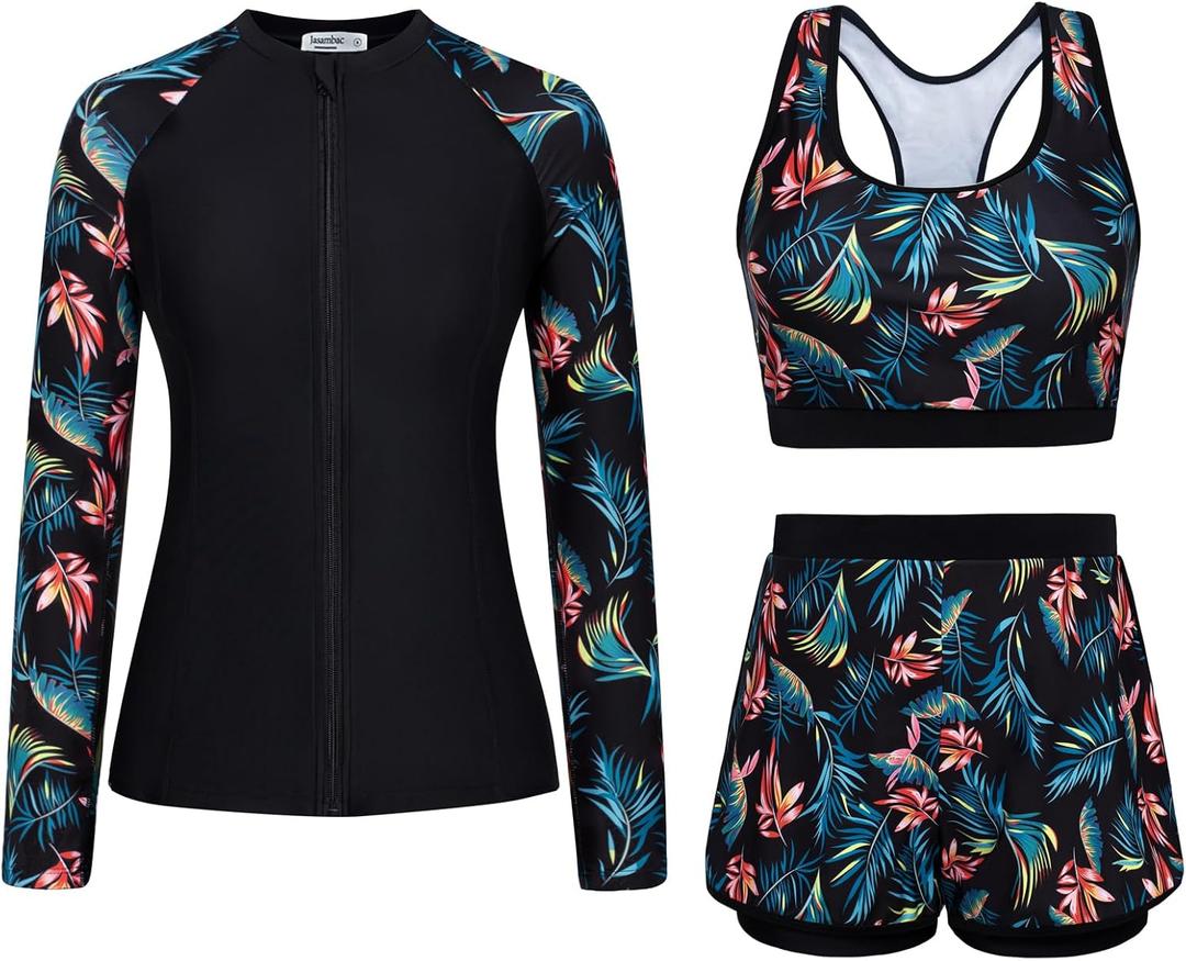 Plus Size Long Sleeve Workout Tops for Women 3 Piece Rashguard Swimsuit Modest Swimwear Blue Leaves 2XL