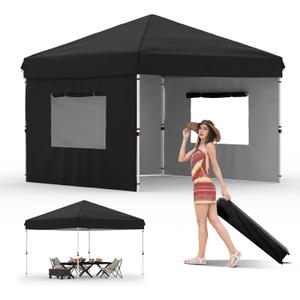 10x10 Pop Up Canopy Tent Outdoor Canopy with 3 Removable Sidewalls One-Person Set Up Heavy Duty Commercial Instant Tent Shelter-Black