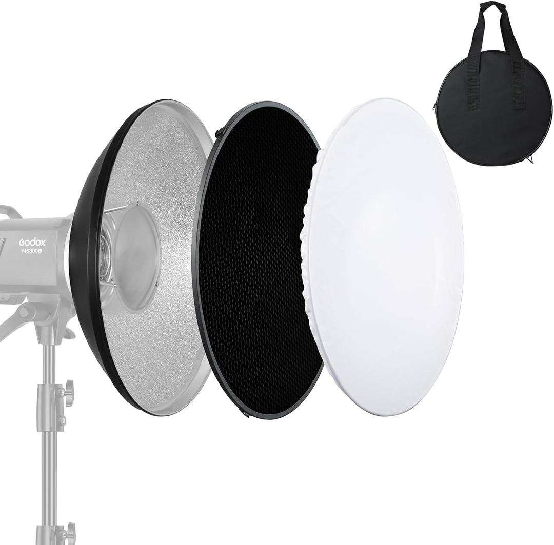 Soonpho 21 inch/55cm Standard Reflector Beauty Dish with Honeycomb Grid, Diffuser Sock and Bag,for Bowens Mount Studio Strobe Flash Light Like Neewer VC-400HS VE-300 Godox AD200 AD180 AD360, (Silver)