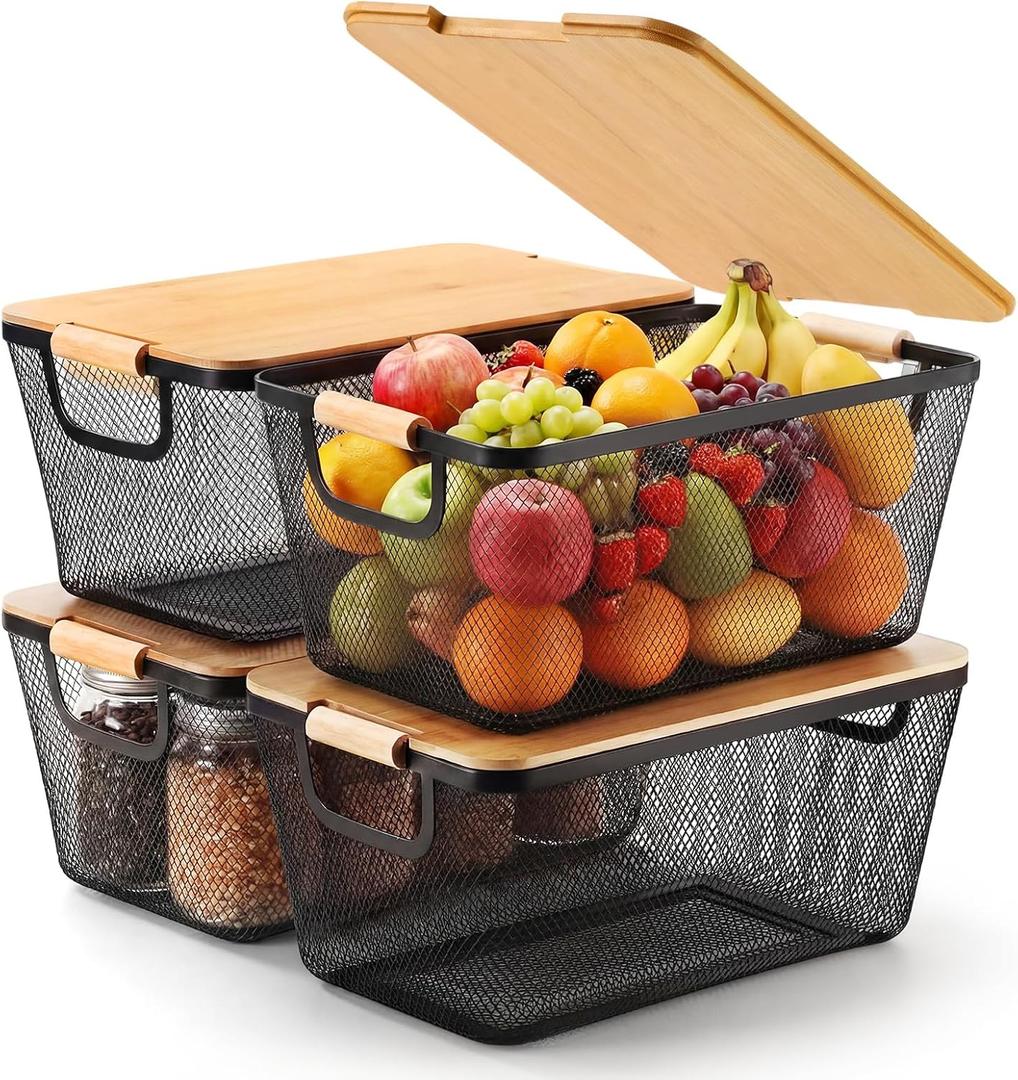 Geelin 4 Pcs Black Metal Wire Basket with Wooden Handles and Bamboo Lids 14.37" x 8.58" x 6.5" Mesh Steel Basket Stackable Storage Bins Organizer Containers for Vegetables Fruit Home Cabinet Pantry