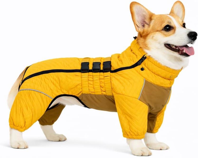 Lovelonglong Warm Dog Coat Double Layers Dog Vest, 4 Legs Covered Windproof Waterproof Reflective Warm Dog Vest Outdoor Skating Dog Costume for Corgis Dachshund Dog Yellow D-M