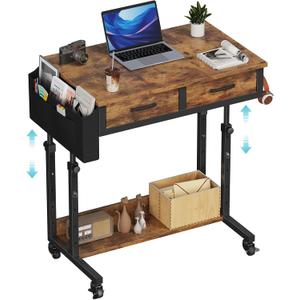 Small Portable Standing Rolling Desk - 32 Inch Adjustable Mobile Stand Up Teacher Desks with 2 Fabric Drawers on Wheels, Couch Sofa Side Laptop Table with Storage for Bedroom Home Office, Rustic Brown