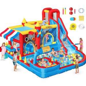 Inflatable Bounce House Water Slide with 550 W Blower, Blow up 10-in-1 Waterslide Park Bouncy Castle Outdoor and Indoor, Bouncer House with Toy Market Stand, Splash Pool and Climbing Wall