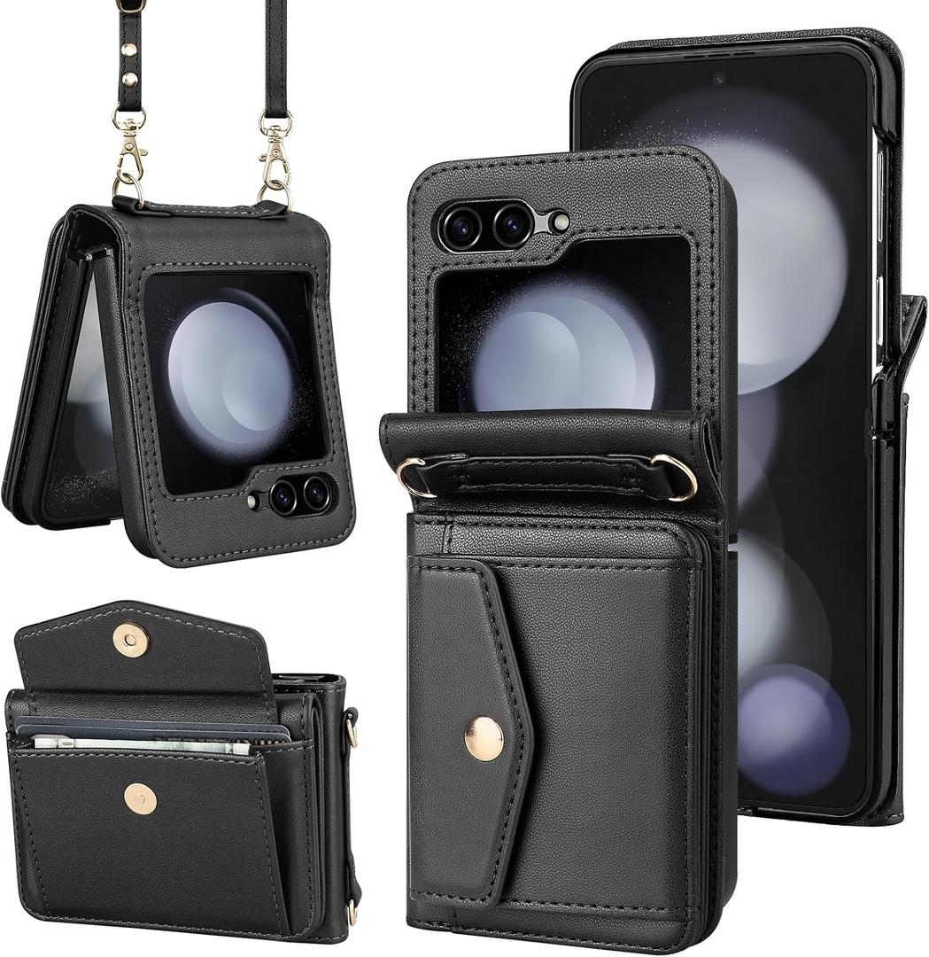 Vofolen for Samsung Galaxy Z Flip 5 Case with Card Holder Slot Crossbody Wallet Cover with Adjustable Strap Magnetic Closure Soft PU Leather Protective zflip5 Phone Purse for Women Girls, Black