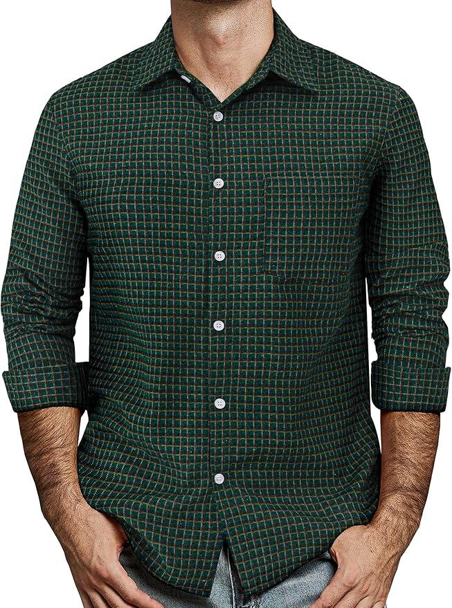 Mens Gingham Button Down Shirt Long Sleeve Dress Shirts Business Casual Shirts with Pockets (Medium, Black green)