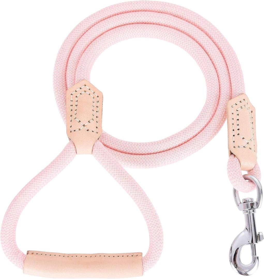 Mile High Life | Premium Leather Dog Leash | Strong Rope Leash | Leather Handle | Zinc Alloy Strong Clasp | Small Medium Large Dogs | 4/5/6 Feet(Pink, 48 Inch (Pack of 1))