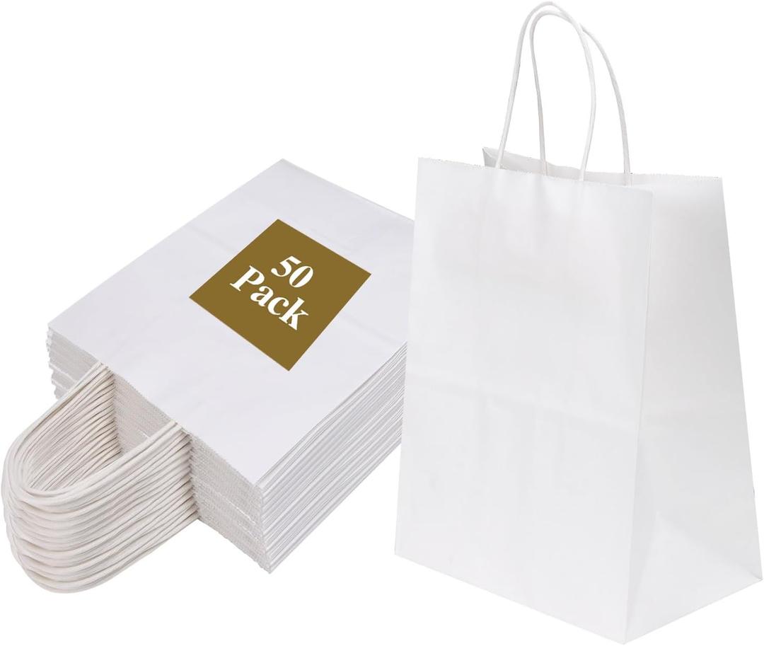 Joybe 50 Pack 8x4.75x10 Inch Medium White Kraft Paper Bags with Handles Bulk, Craft Paper Gift Bags for Party Favors Grocery Retail Shopping Business Goody Merchandise Take Out Blank Sacks (50pcs)