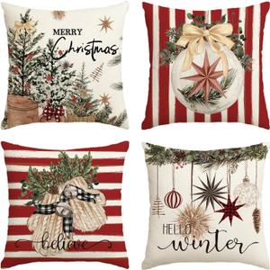 AVOIN colorlife Merry Christmas Balls Eucalyptus Holly Berries Gloves Throw Pillow Covers, 18 x 18 Inch Xmas Winter Holiday Red Stripes Cushion Case Decoration for Sofa Couch Set of 4