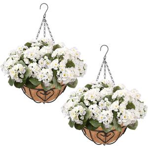 Waipfaru 2 Set Artificial Geraniums for Outdoors with Hanging Baskets, 12 Bundles UV Resistant Artificial Outdoor Plants, Fake White Flowers for Spring Front Porch Home Patio Balcony Yard Decor