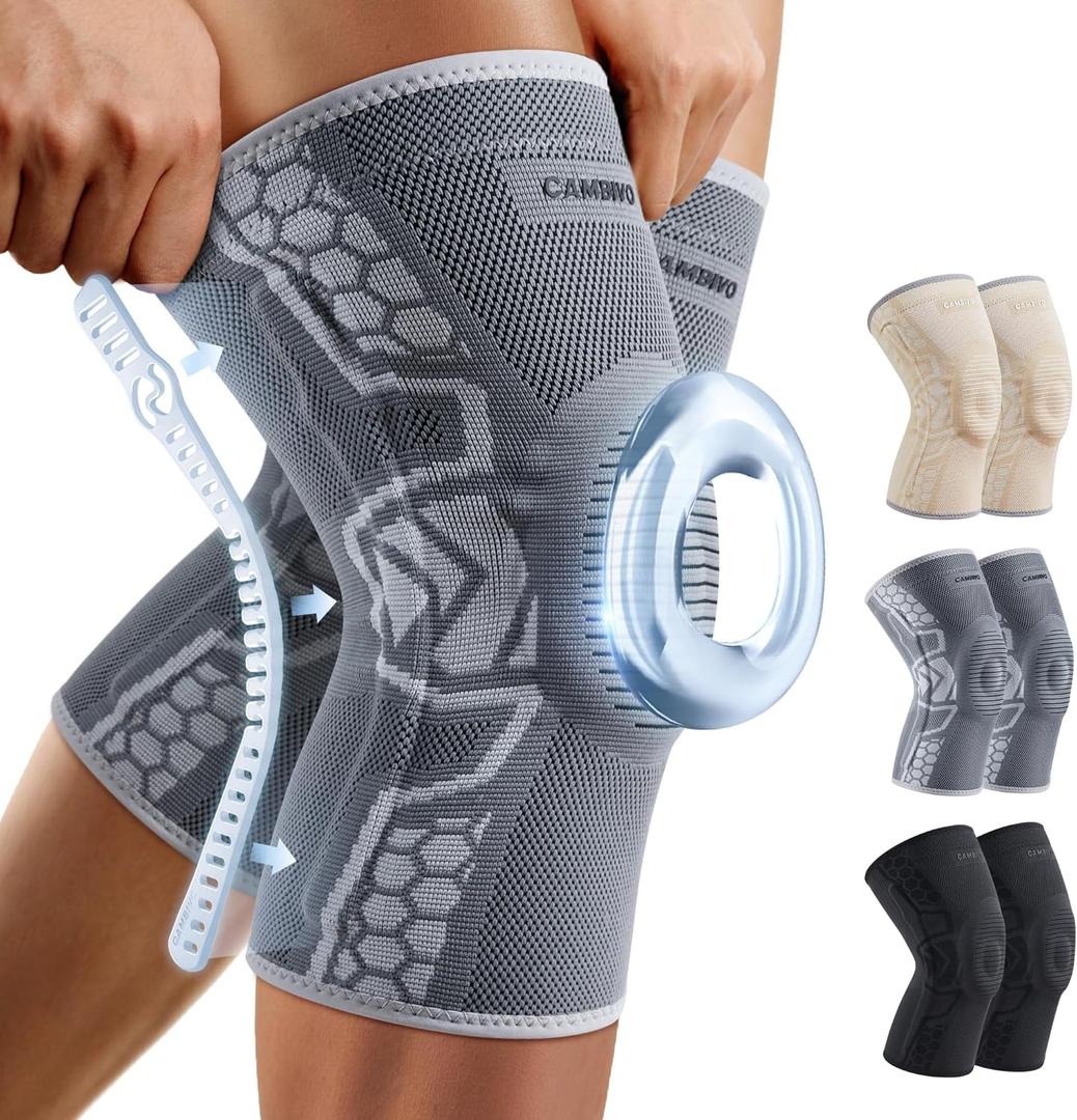 CAMBIVO 2 Pack Knee Brace for Men and Women, Knee Sleeves with Patella Gel Pad and Side Stabilizers, Knee Compression Sleeves for Knee Pain Relief, Running, Workout-Elite Motion Series (Gray, Medium)