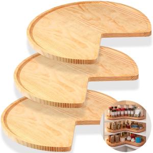 Leinuosen 3 Pcs 28 Inch Banded Pine Wood Full Kidney Shaped Lazy Susan for Corner Base Cabinets with Steel Swivel Bearing for Kitchen Turntables Pantry Spice Can Storage, Not Include Metal Rod