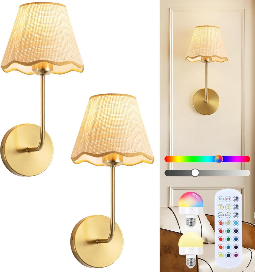 ADISUN Battery Operated Wall Sconce Set of 2, Gold Wall Lamps for Living Room, Rechargeable Bulbs, RGB. Rattan Shade Wireless Wall Lights for Bedroom Living Room Hallway Kitchen(Bulbs Included)