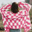 Saodimallsu Womens Checkered Oversized Cardigan Sweaters Color Block Chunky Open Front Lantern Sleeve Plaid Knit Coats (Medium, Rose)