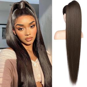 Flufymooz ponytail extension, 36 Inch Long Straight Drawstring Ponytail Synthetic Hairpieces Fake Pony Tails Natural Soft Clip in Hair Extension for Women (Black Brown)