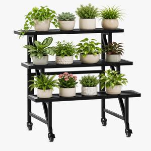 Metal Plant Stand with Wheels, 3-Tier Plant Rack,35.43" Wide Indoor Outdoor Flower Pot Rack, Black, 230 lb Capacity for Patio, Balcony, Living Room