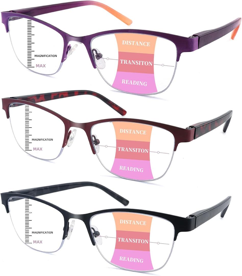 3 Pack Progressive Reading Glasses for Women Men Metal Half Frame Multifocal Readers with Spring Hinges