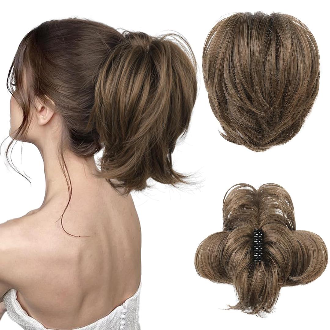 HOOJIH Messy Bun Hair Piece, Claw Clip in Straight Hair Bun 9 Inch Short Ponytail Extension with Bendable Metal Wire Hair Pieces for Women Fake Hair Bun DIY Styles - Ginger Medium Brown (Ginger Medium Brown)