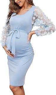 Floral Mesh Bishop Long Sleeve Maternity Midi Dress, Fall Maternity Bodycon Dress for Baby Shower/ Wedding Guest/ Photoshoot Blue XL