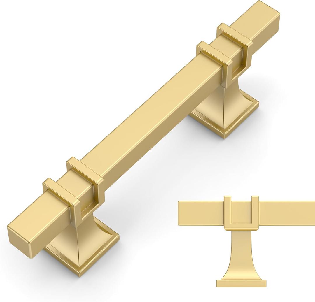 Amerdeco 10 Pack Brushed Gold Cabinet Pulls 3 Inch(76mm) Hole Center Drawer Pulls Cabinet Hardware Kitchen Cabinet Handles for Bathroom Dresser Pulls ZH0067