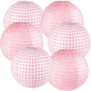 6PCS Pink Gingham Party Decoration Pink Paper Lanterns Pink and White Checkered Plaid Hanging Lanterns for Wedding Birthday Party Valentine's Day Engagement Picnic Baby Showers Supplies(12Inch)