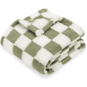 HOMRITAR Checkered Baby Blankets for Boys Girls Warm Cozy Reversible Toddler Blanket, Fluffy Fuzzy Plush Bed Blanket with Chessboard Grid Design 350GSM Mustard Green 30 x 40 Inch