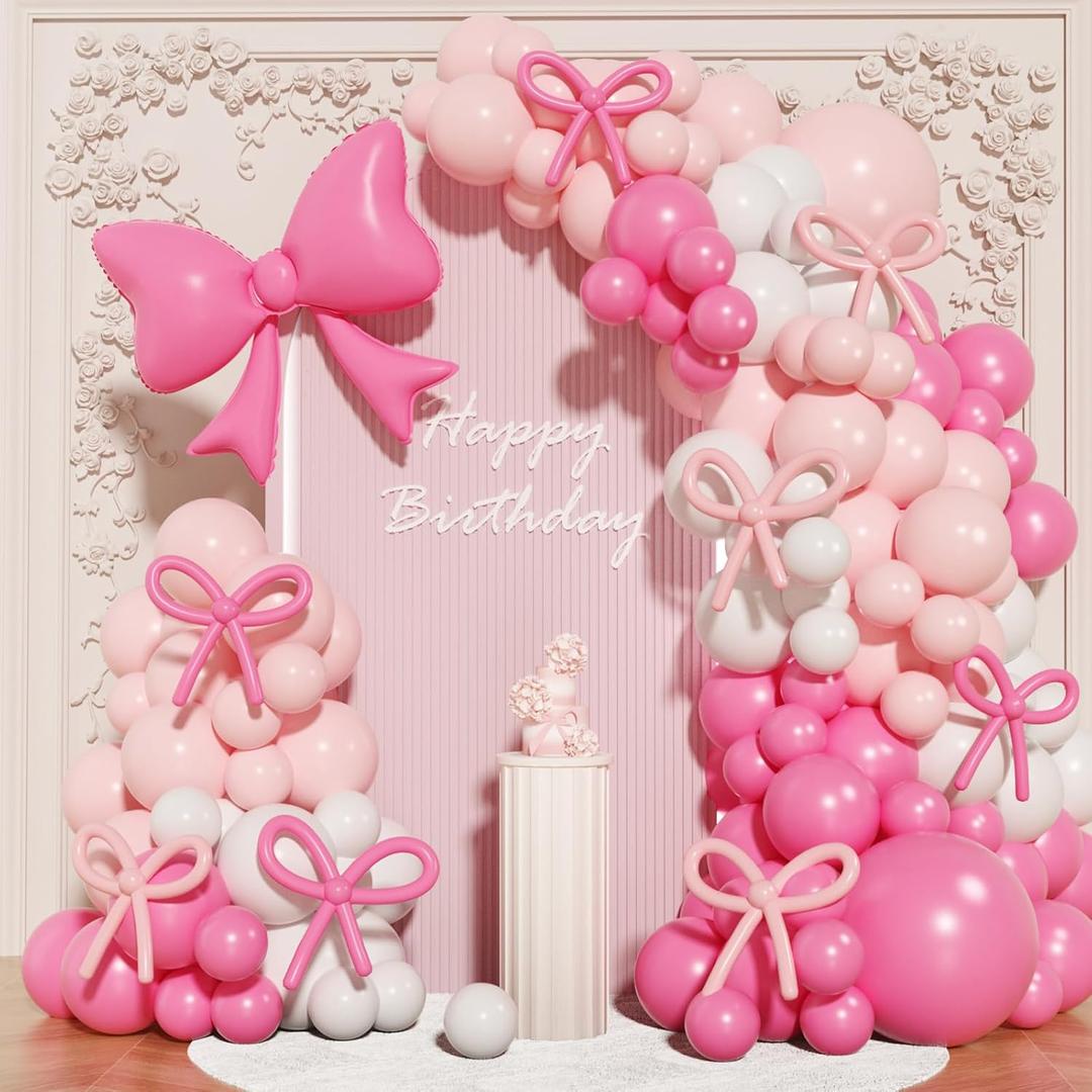 Coquette Birthday Decorations, 149 Pcs Pink Bow Balloon Garland Arch Kit for Bow Themed Coquette Birthday Tea Ribbon Party Decorations (Hot Magenta Pink)