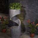 Glitzhome Tiered Outdoor Water Fountain with LED Light, Curved Outdoor Fountain Waterfall with Stone Planter, Freestanding Spiral Outdoor Garden Water Fountains, 31.3H