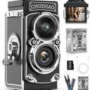 CHUZHAO Retro TLR Style Digital Camera, Vintage Mini Point and Shoot with 1080P FHD Video, 12MP Autofocus, Pocket Travel Camera with 16GB Card, Gift for Kids Teens Adults (Black)