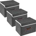 TYEERS Collapsible Storage Boxes, Washable Fabric Storage Bins with Lids, 14.9x9.8x9.8 inches, 3 Pack, Black