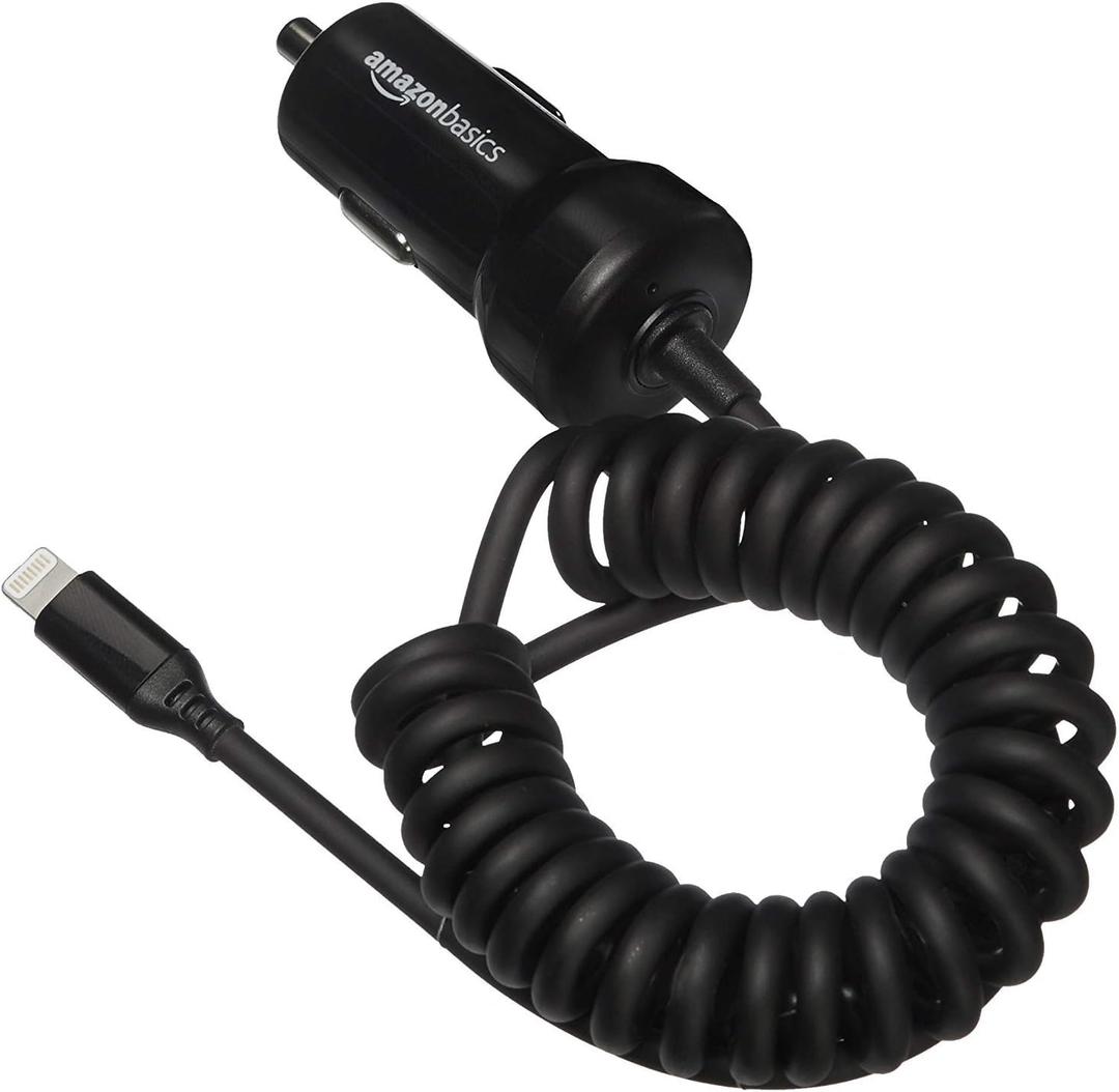 Amazon Basics 12W (5V, 2.4A) Fast Charging Car Charger with Coiled Lightning Cable for iPhone, iPad and Apple Devices, 1.5 ft - Black