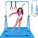 Gymnastics Bar for Kids, Adjustable Height Gymnastic Horizontal Bars, Folding Expandable Gymnastics Equipment Junior Training Kip Bar for Home (Blue+Mat)