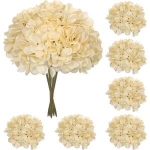 Hollyone 6 Pcs Beige Hydrangea Artificial Flowers Heads with Stems Silk Faux Hydrangea Champagne Fake Flowers for Home Indoor Outdoor DIY Floral Wedding Flower Bouquets Kitchen Table Centerpiece Decor