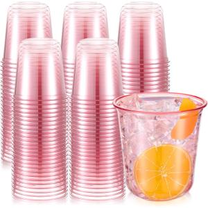Ziliny 200 Pcs Disposable Stemless Glasses 12oz Crystal Plastic Wine Glasses Clear Classic Pet Cup for Meeting Weddings Birthdays Cocktail Christmas Party Supplies (Pink) (EXP 08/15/29)