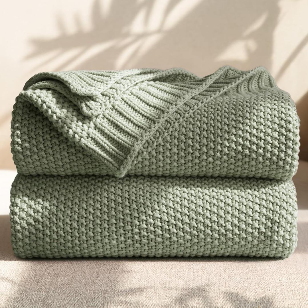 100% Cotton Cable Knit Throw Blanket, Large Lightweight Soft Knit Blanket for Sofa Couch Bed, Breathable All-Season Throw, Cozy Decorative Blanket, 60 x 80 Inch,Sage