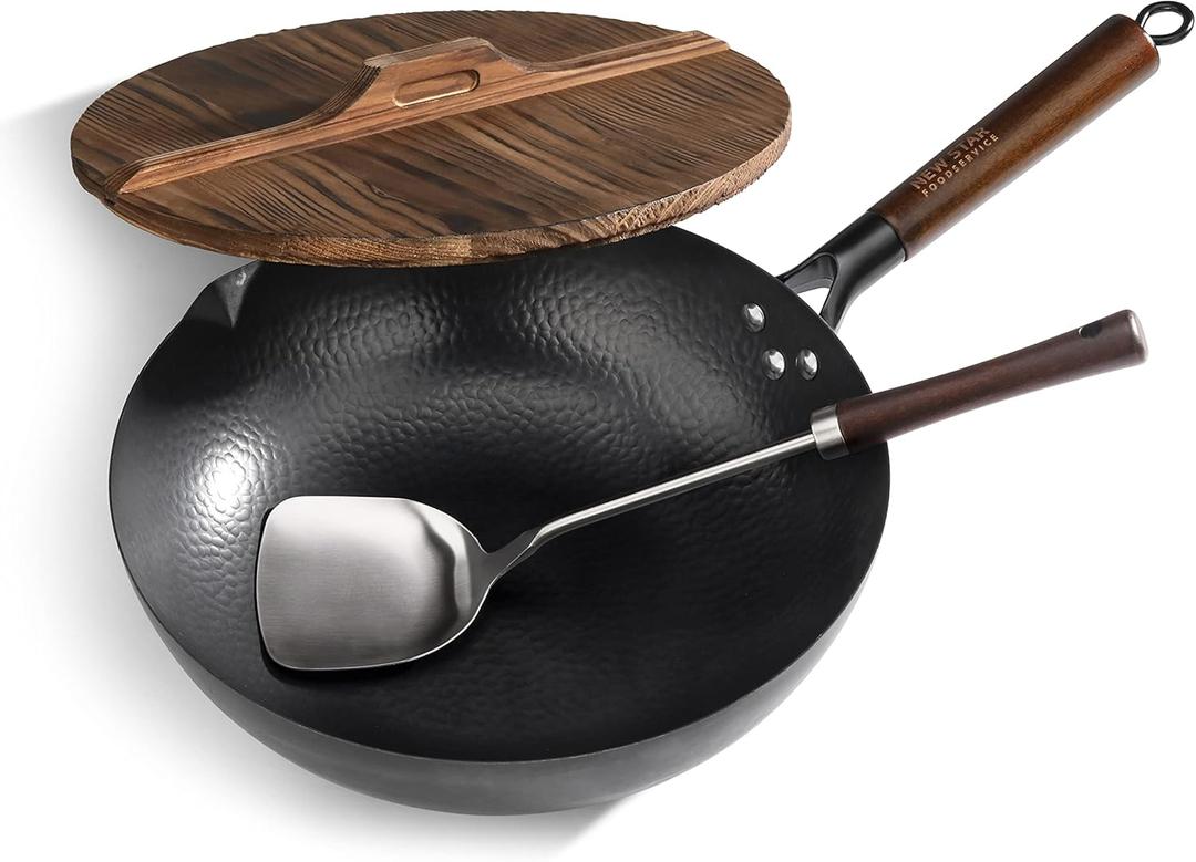 New Star Foodservice 1029154 Hand Hammered Cast-Iron Non-Stick Wok Carbon Steel, Includes 12.7" Round Bottom Wok, Wooden Wok Lid, and Spatula (Hand Wash Recommended)