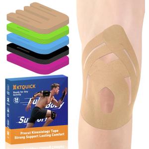 PreCut Kinesiology Tape for Knees, 24PCS Upgraded Waterproof KTQUICK Knee Tape for Knee Pain Relief Pre Cut, Original Cotton Athletic Knee Tape, Waterproof&Hypoallergenic Latex-Free for Sports (Beige)