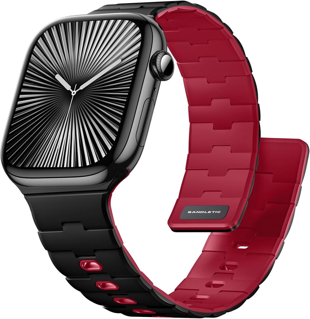 Bandletic Magnetic Silicone Watchband Compatible with Apple Watch Band 44mm 45mm 46mm 49mm 42mm 41mm 40mm 38mm Men Women, Strong Magnet Sport Strap for iWatch Series 11 10 9 8 7 6 5 4 Ultra SE 3 2 1 (Black/Crimson)