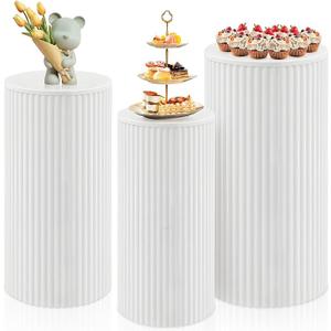 Cylinder Stands for Party, 3Pcs Metal Pleated Cylinder Pedestal Stand Heavy Duty White Cake Cilindros Para Fiestas Parties Round Cylinder Display Flower Plant Stand for Wedding Birthday Party Decor