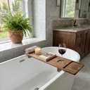 Luxury Wooden Bathub Caddy Tray - Premium Natural Acacia Bath Organizer with Wine Glass Holder, Tablet Slot and Phone Mount - Expandable Spa Board to Fit Most Tubs